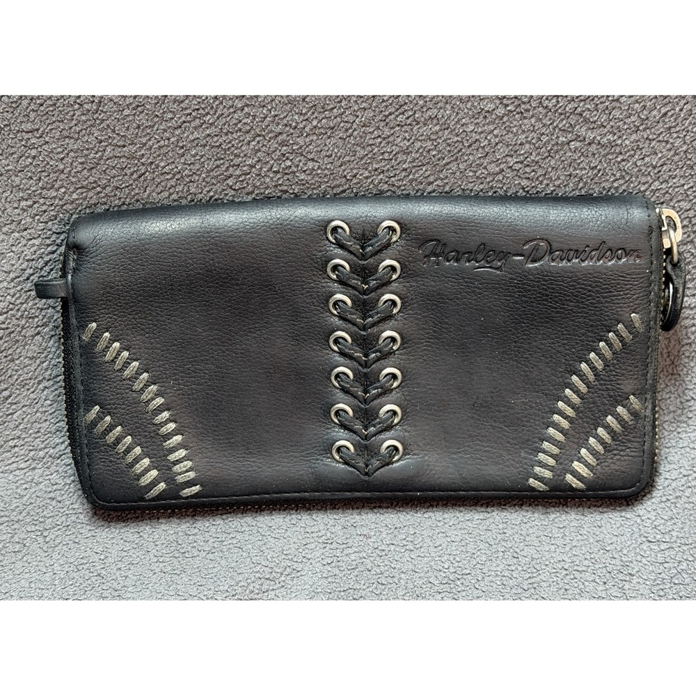 VTG Harley-Davidson Zip Around Wristlet Wallet Logo Biker Motorcycle Black Laces